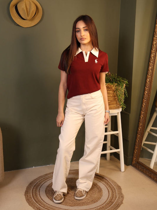 Cream straight jeans + Polo T-shirt